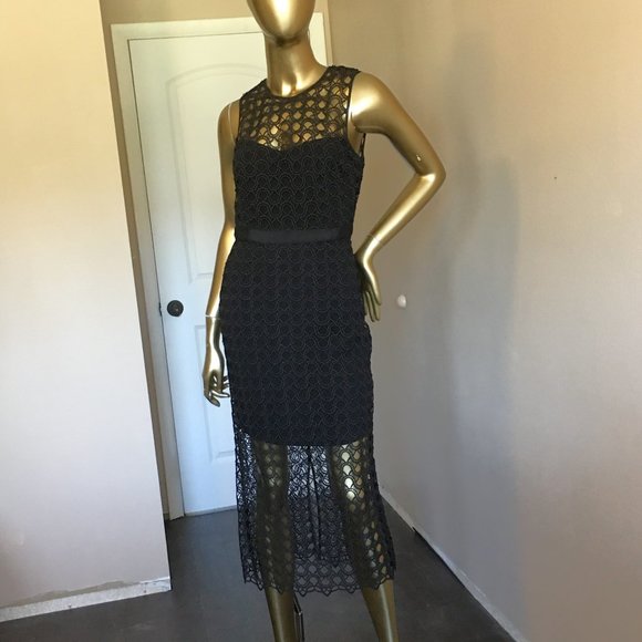 ᑕYᑎTᕼIᗩ ᖇOᗯᒪEY Sleeveless Lace-Mesh-Overlay Midi Dress - Picture 2 of 12